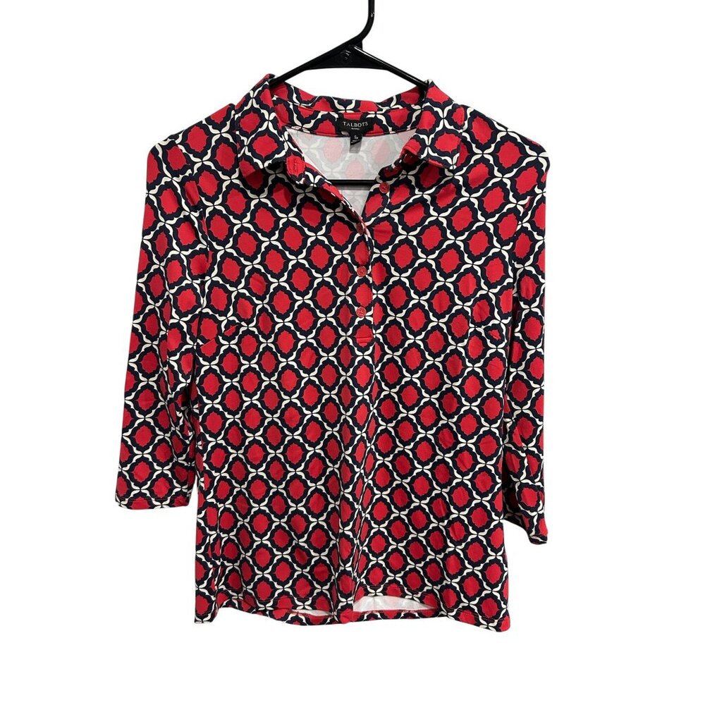 Talbots Petite Womens Geometric Print 3/4 Sleeves Button-Up Blouse Size SP Prepp